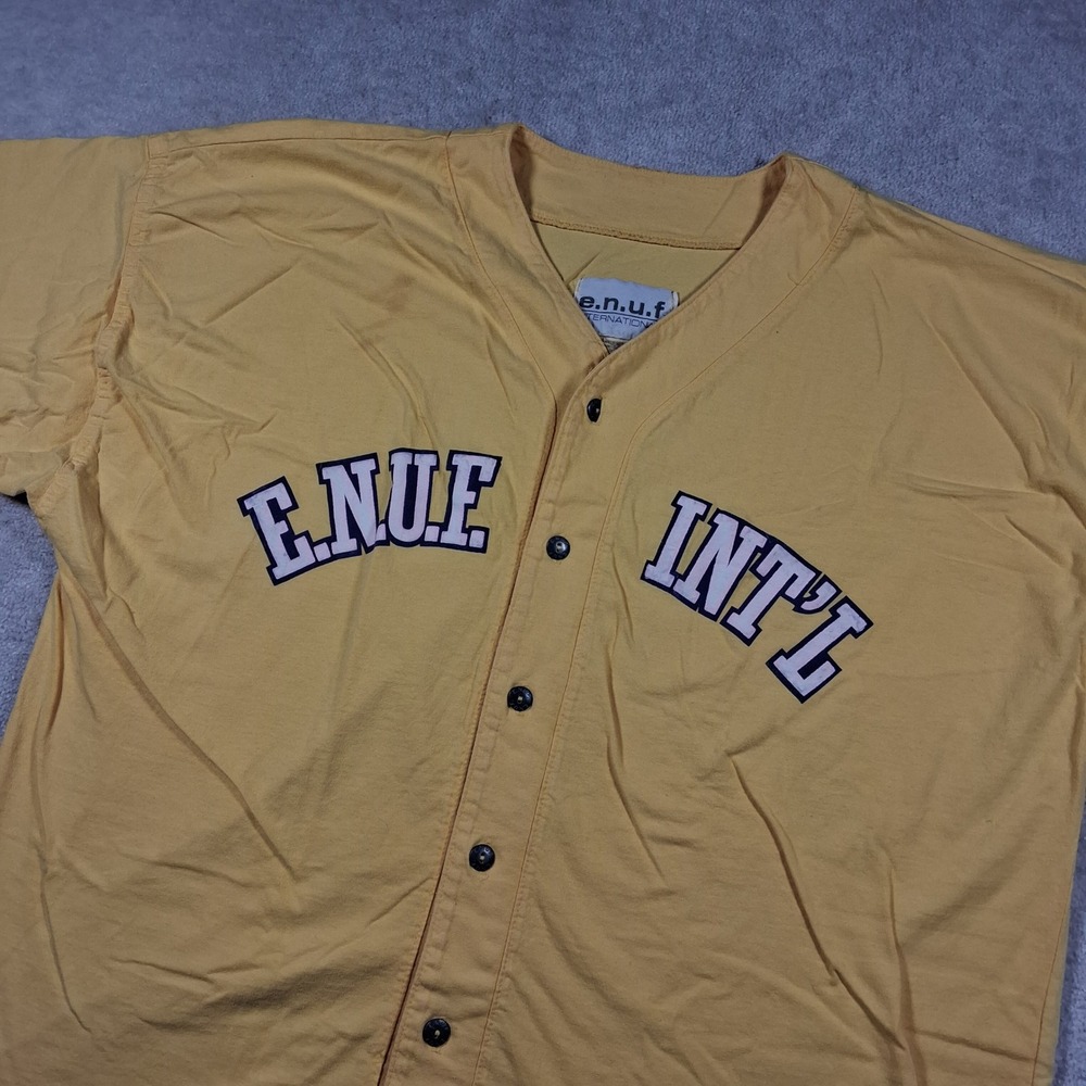 e.n.u.f. Baseball Jersey Mens M Yellow International Graphic Button Up 90s USA